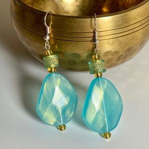 Handmade Earrings - Blue and Gold Beaded Dangle